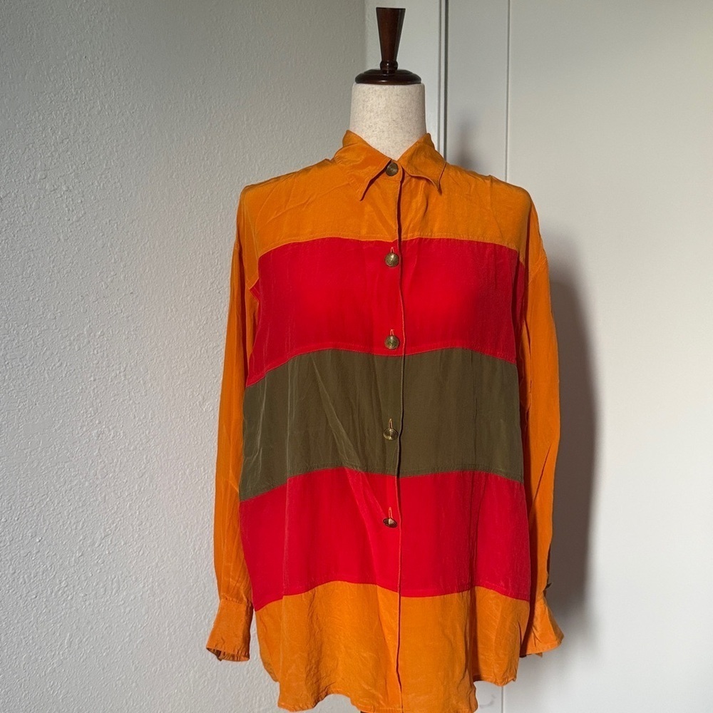 Vintage 100% Silk Multi-coloured Striped Women's Button-Up